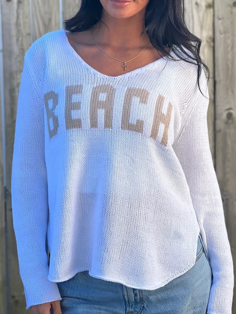 Miracle White Knit 'BEACH' Swim Coverup with Tan Lettering